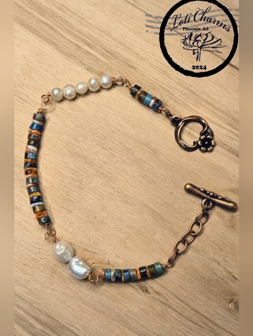 Spiny Oyster Turquoise /Freshwater Pearls In Handcrafted Artisan Copper Bracelet